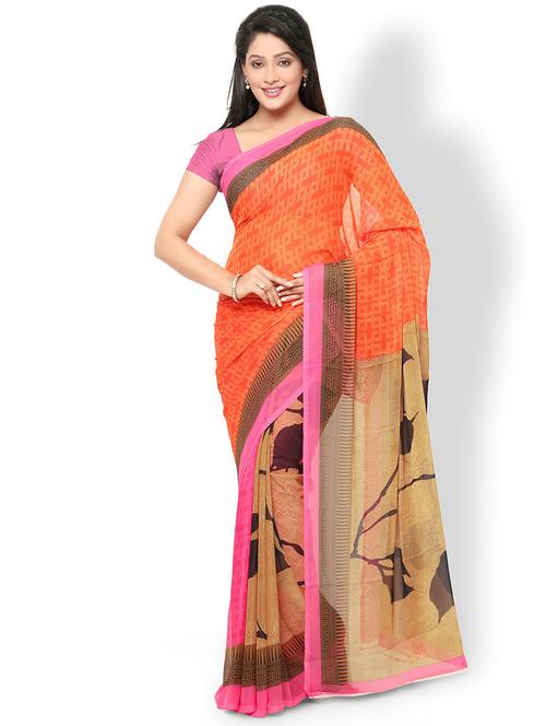 orange printed saree with blouse - 20185572 - Very Small Image - 1