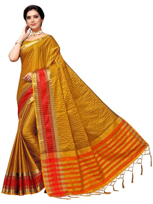 women's checks mustard colored saree - 20185594 - Very Small Image - 1