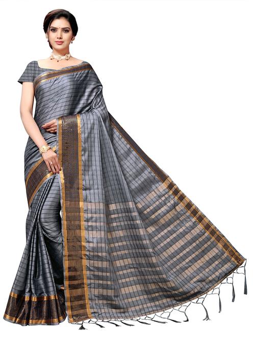 women's checks grey colored saree with blouse - 20185602 - Very Small Image - 1