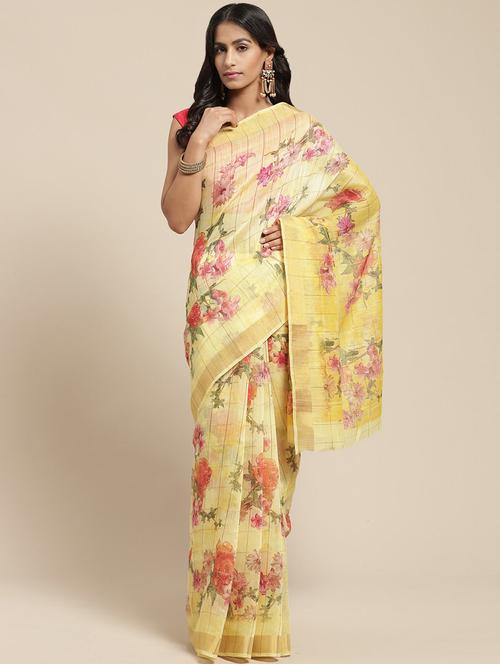yellow floral printed saree with blouse - 20185689 - Very Small Image - 1