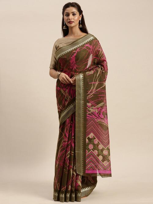 olive self design printed saree with blouse - 20185690 - Very Small Image - 1