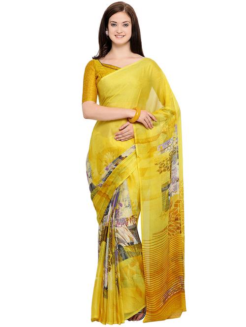 yellow printed saree with blouse - 20185727 - Very Small Image - 1