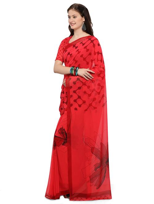red printed chiffon saree with blouse - 20185775 - Very Small Image - 1