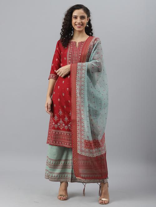 red kurta palazzo set with dupatta - 20185918 - Very Small Image - 1