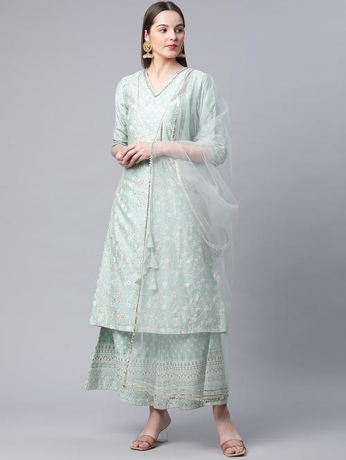 green kurta palazzo set with dupatta - 20185925 - Very Small Image - 1