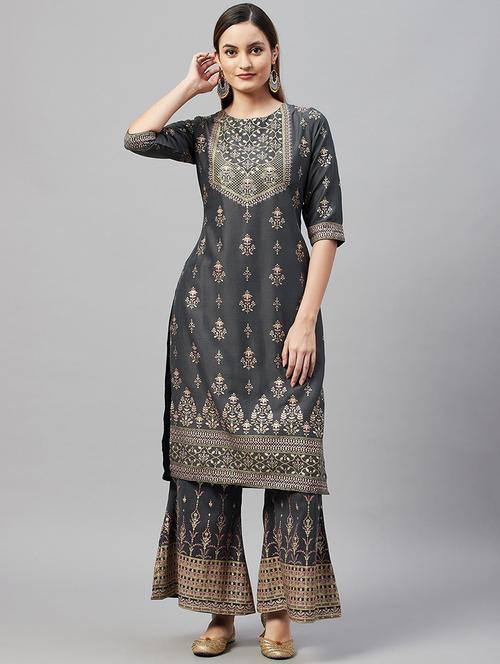grey round neck kurta sharara set - 20185932 - Very Small Image - 1