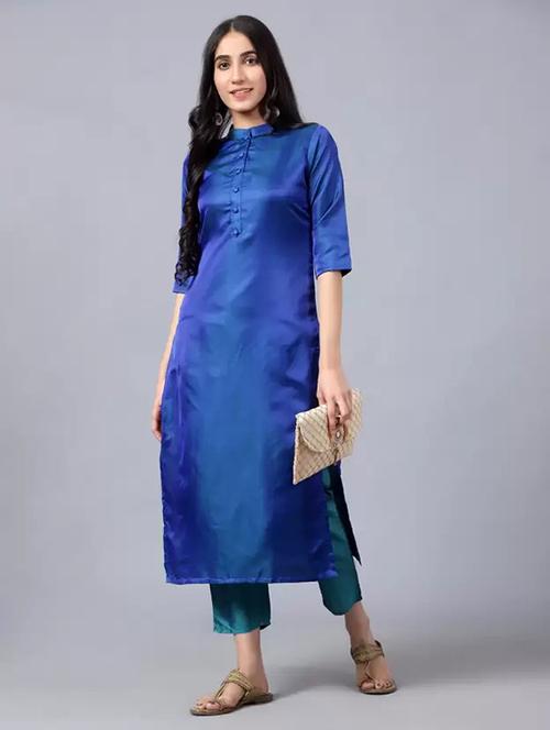 blue solid mandarin neck straight kurta - 20186009 - Very Small Image - 1