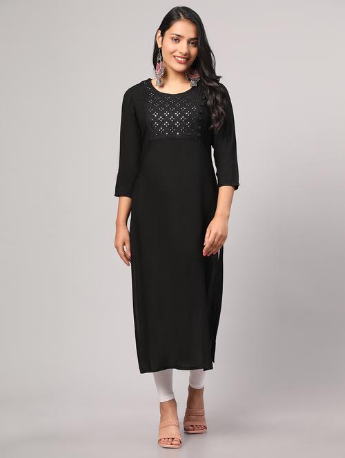black solid round neck staright kurta - 20186042 - Very Small Image - 1