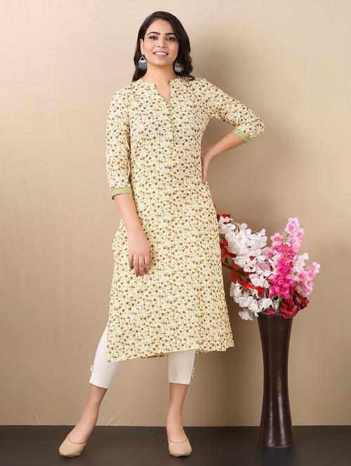 yellow floral print mandarin neck straight kurta - 20186050 - Very Small Image - 1