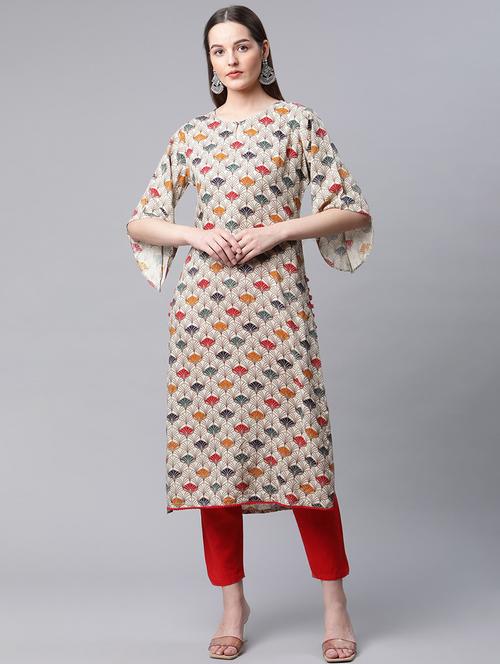 beige printed straight kurta - 20186064 - Very Small Image - 1