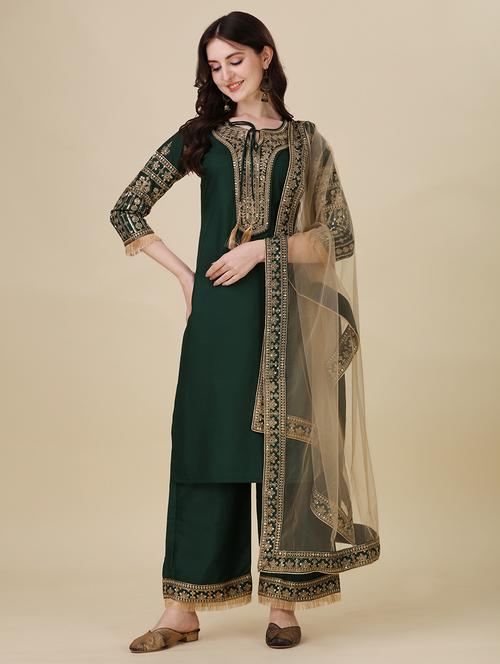 bottle green colored kurta palazzo set - 20187250 - Very Small Image - 1