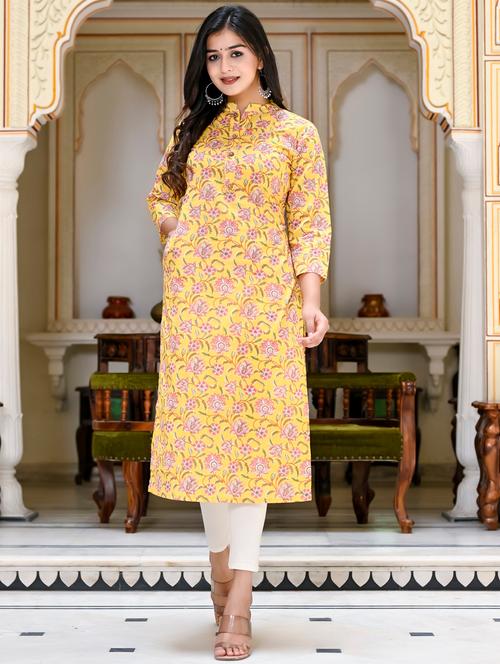 yellow cotton blend straight kurta - 20187485 - Very Small Image - 1