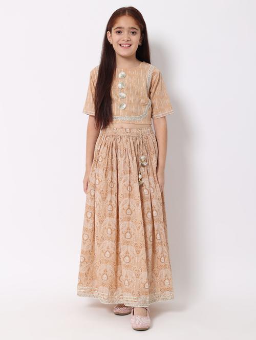 girls beige printed lehenga choli set - 20188077 - Very Small Image - 1