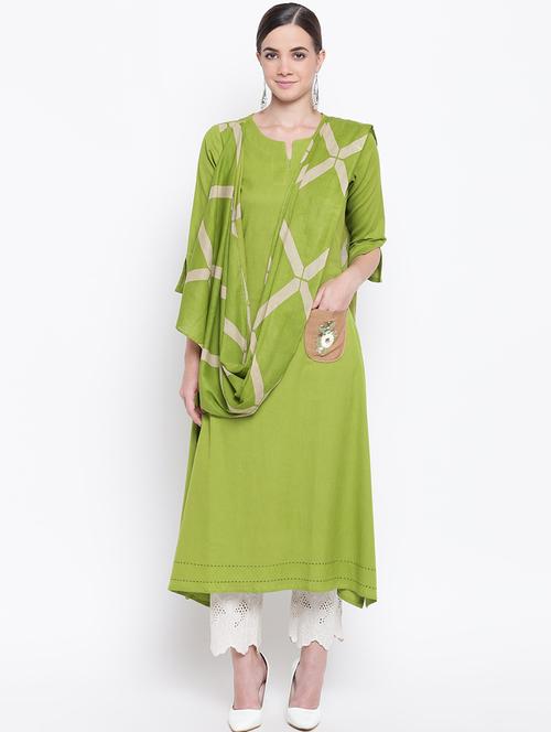 green cotton a-line kurta - 20188914 - Very Small Image - 1