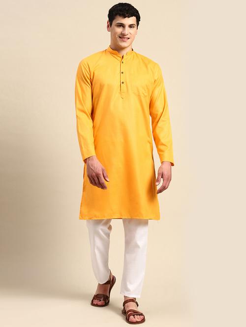 yellow solid cotton long kurta - 20189192 - Very Small Image - 1