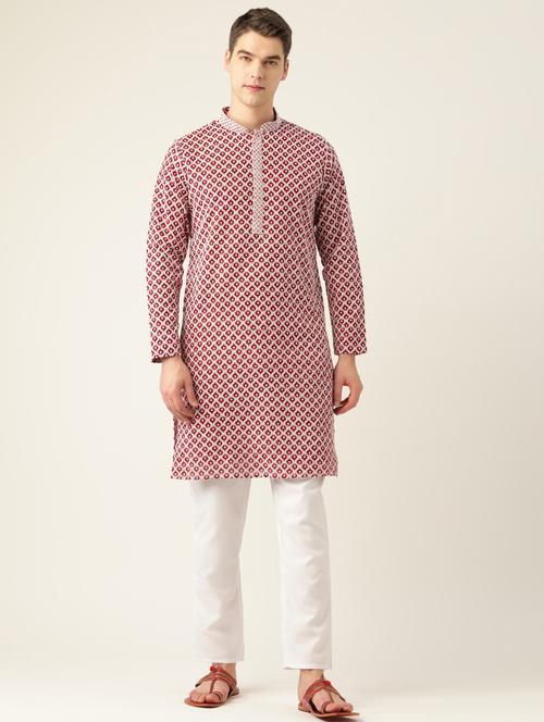 men's embroidered cotton long kurta - 20189200 - Very Small Image - 1