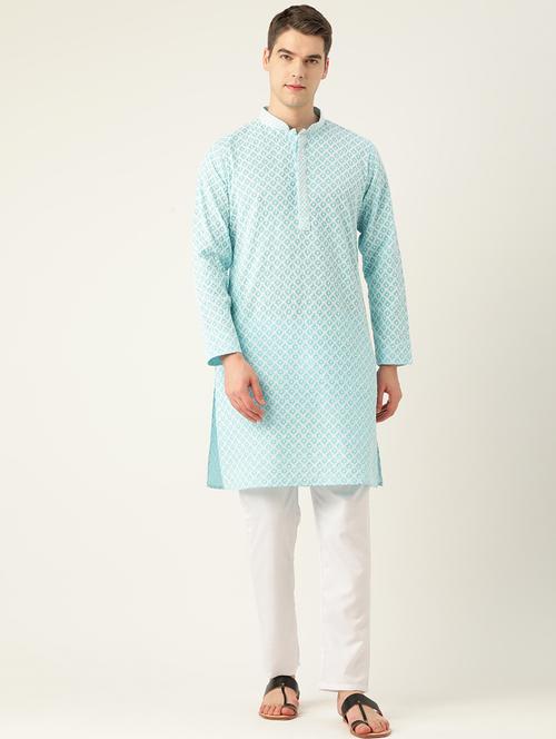 men's embroidered cotton long kurta - 20189203 - Very Small Image - 1