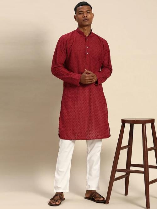 men's embroidered cotton long kurta - 20189295 - Very Small Image - 1