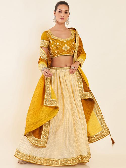 yellow flared unstitched lehnga - 20189698 - Very Small Image - 1