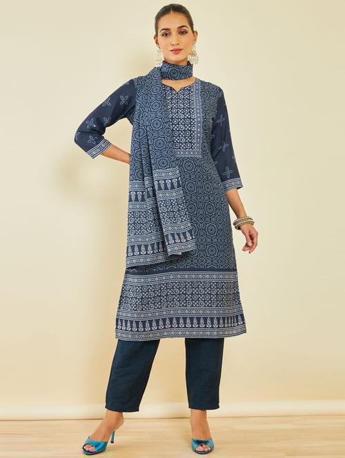 navy blue three quarter sleeve suit set - 20189720 - Very Small Image - 1