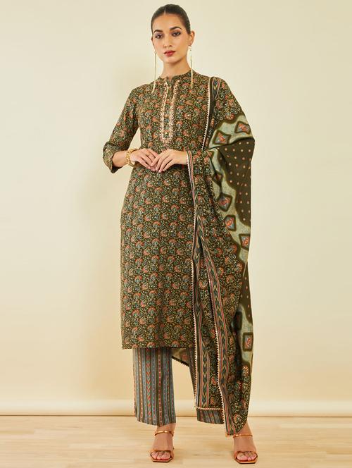 olive three quarter sleeve suit set - 20189728 - Very Small Image - 1