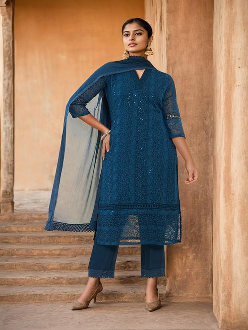 teal three quarter sleeve suit set - 20189740 - Very Small Image - 1