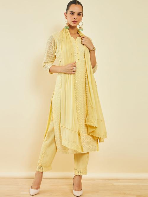 yellow three quarter sleeve suit set - 20189742 - Very Small Image - 1