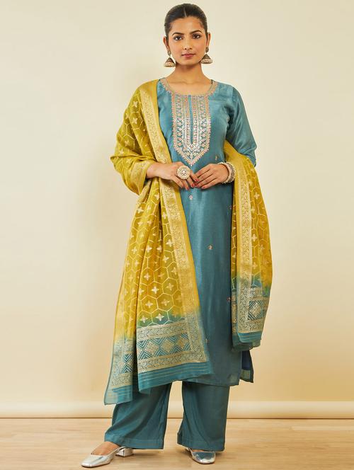 blue silk unstitched suit - 20189762 - Very Small Image - 1