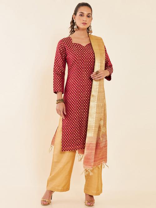 red chanderi cotton unstitched suit - 20189784 - Very Small Image - 1