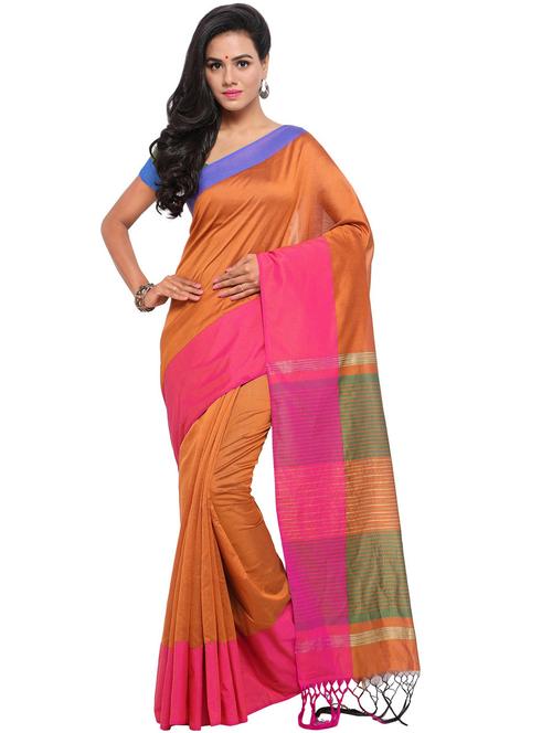 orange silk blend plain saree with blouse - 20190156 - Very Small Image - 1
