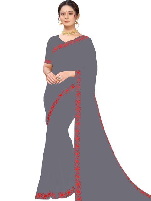 grey solid with bordered saree with blouse - 20190159 - Very Small Image - 1
