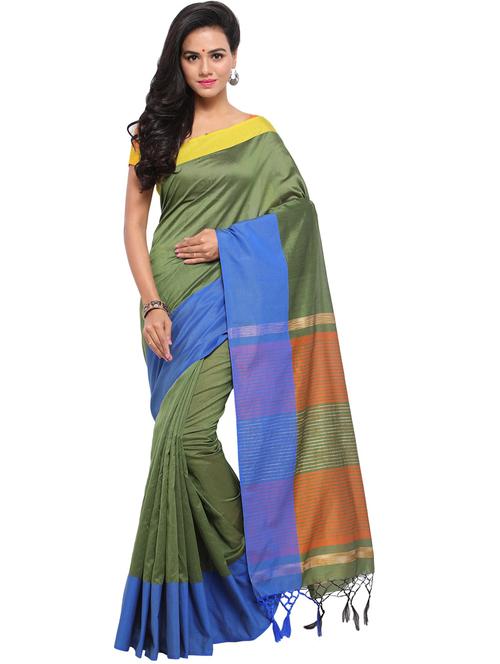 green silk blend plain saree with blouse - 20190189 - Very Small Image - 1