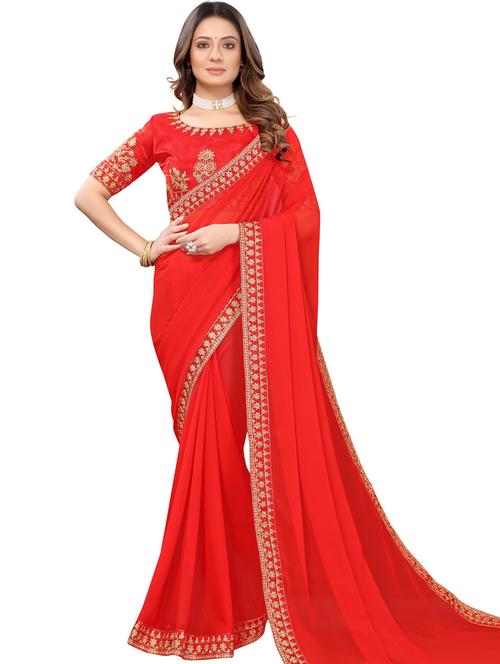solid bordered lace work saree with blouse - 20190191 - Very Small Image - 1