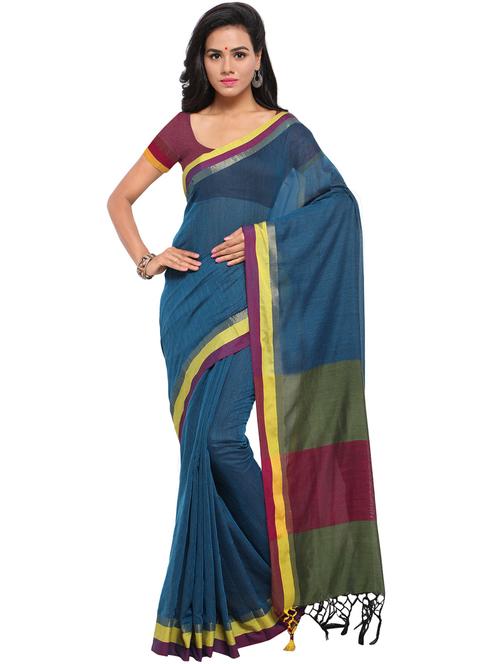 teal blue self design woven saree with blouse - 20190215 - Very Small Image - 1