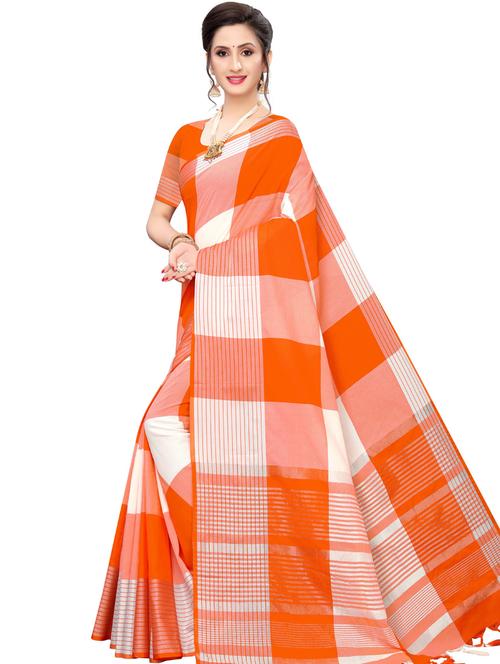 orange checkered woven saree with blouse - 20190228 - Very Small Image - 1