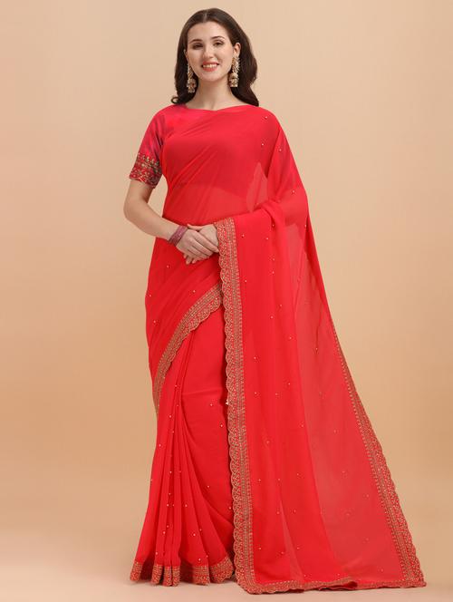 solid bordered lace work saree with blouse - 20190232 - Very Small Image - 1