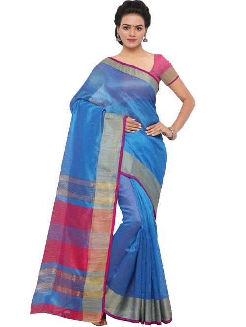 blue silk blend plain saree with blouse - 20190234 - Very Small Image - 1