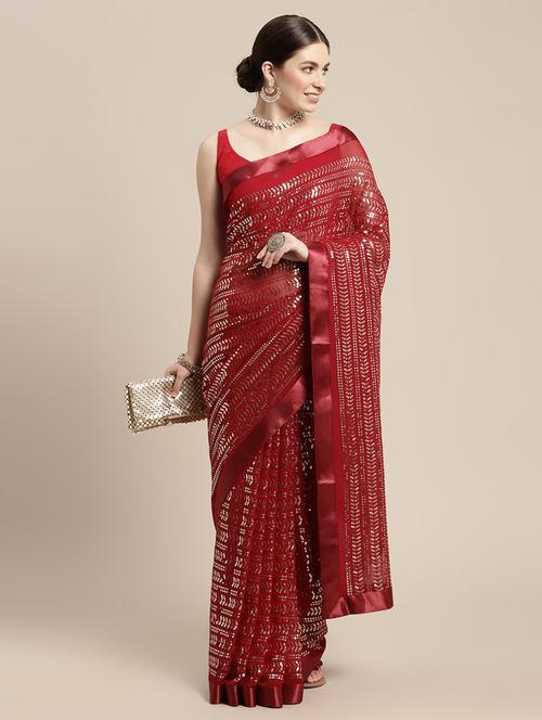 maroon sequined saree with blouse - 20190253 - Very Small Image - 1