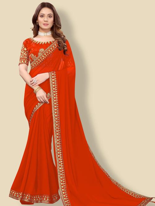 orange solid with bordered saree with blouse - 20190293 - Very Small Image - 1