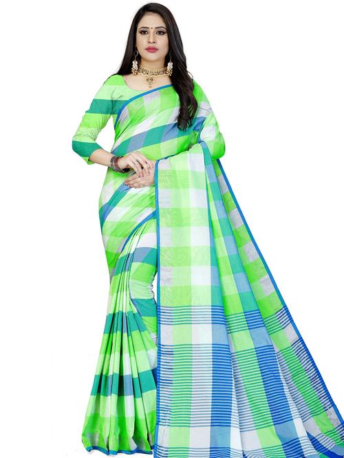 green checkered woven saree with blouse - 20190310 - Very Small Image - 1