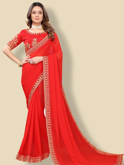 lace bordered solid saree with blouse - 20190325 - Very Small Image - 1