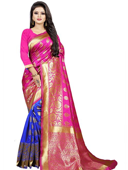 pink & blue self design banarasi saree with blouse - 20190329 - Very Small Image - 1