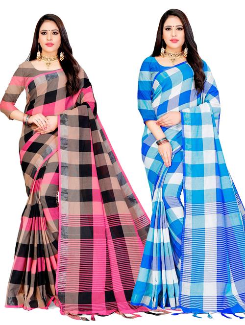 pack of 2 checkered woven saree with blouse - 20190347 - Very Small Image - 1