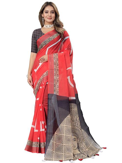 red self design printed saree with blouse - 20190579 - Very Small Image - 1