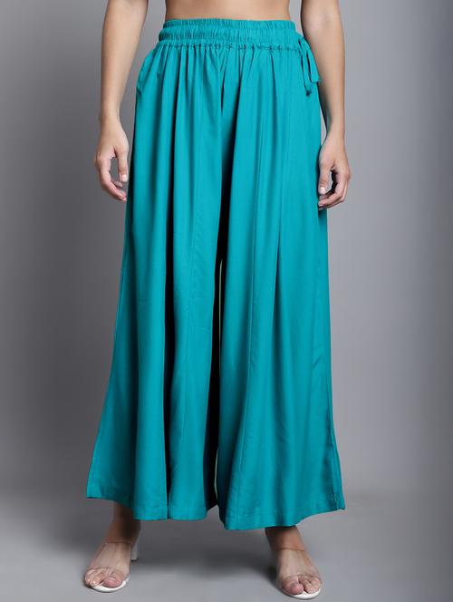 turquoise solid flared regular fit palazzo - 20190820 - Very Small Image - 1