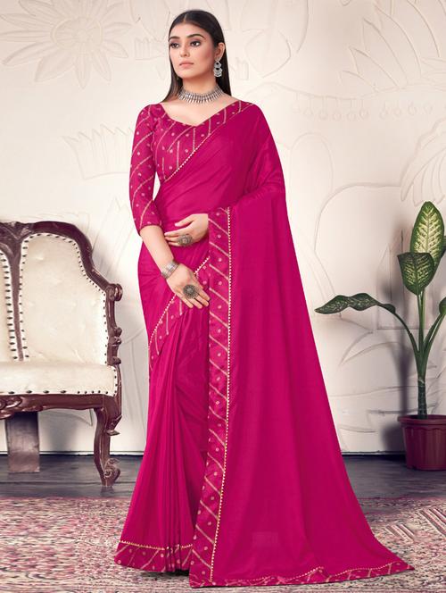 pink solid bordered saree with blouse - 20191472 - Very Small Image - 1
