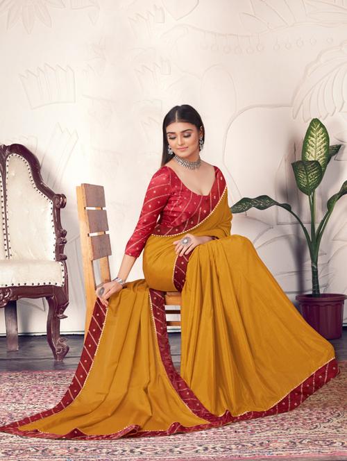 mustard solid bordered saree with blouse - 20191474 - Very Small Image - 1