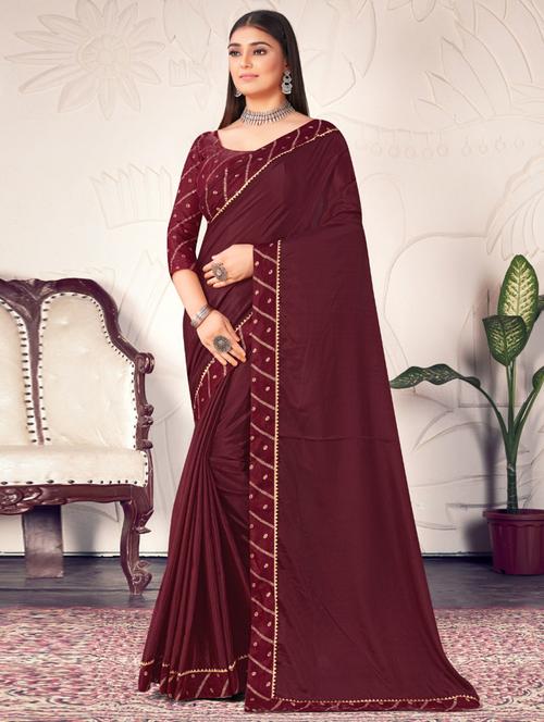 maroon solid bordered saree with blouse - 20191476 - Very Small Image - 1