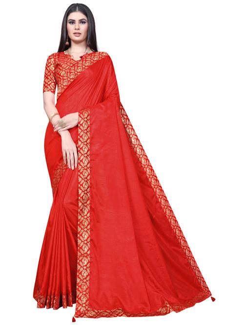 red solid bordered saree with blouse - 20191555 - Very Small Image - 1