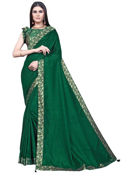 dark green solid bordered saree with blouse - 20191557 - Very Small Image - 1